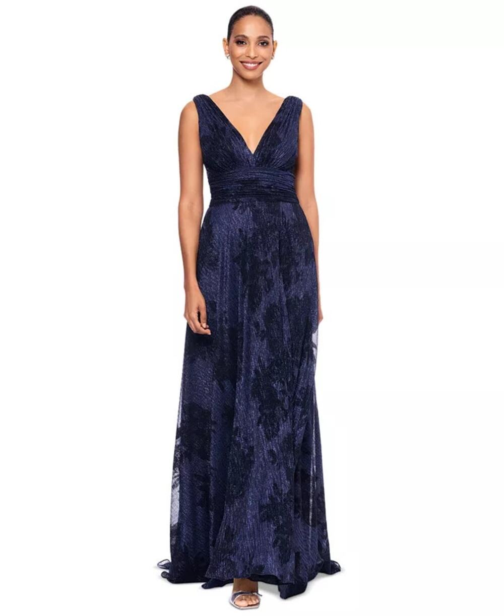Betsy & Adam Women's Metallic Crinkled Gown Navy 6